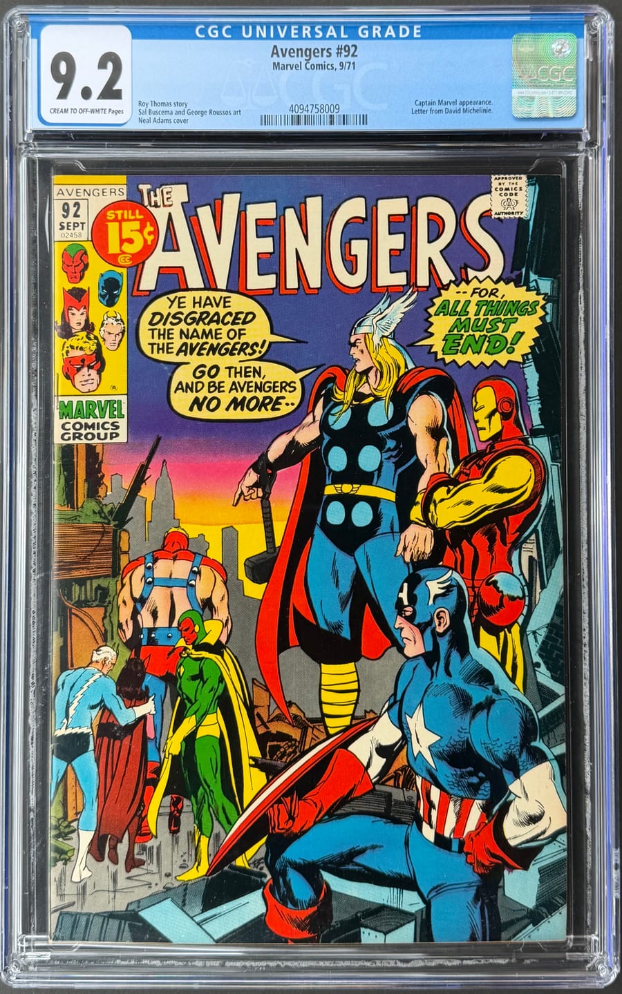 Avengers #92 CGC 9.2 comic book cover image